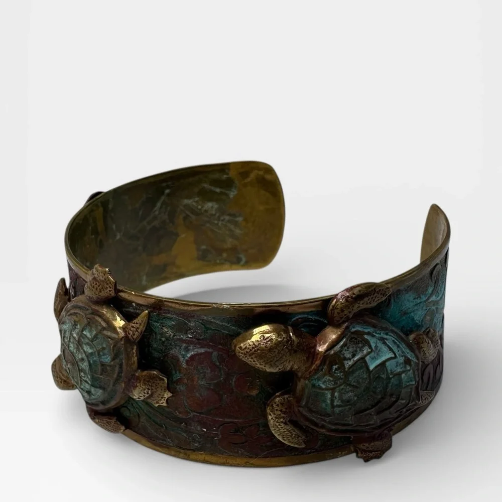 Elaine Coyne Collectible Artwear Sea Turtle Cuff Bracelet Verdigris Patina Brass